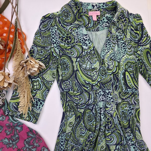 Lilly Pulitzer Green Paisley Silk Dress Sz 2 - Picture 2 of 10